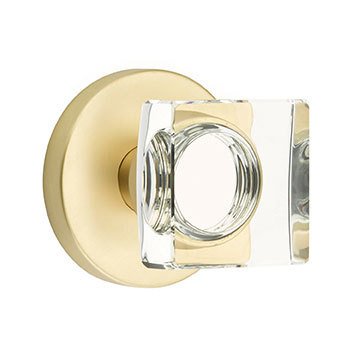 Modern Square Glass Passage Door Knob with Disk Rose in Satin Brass
