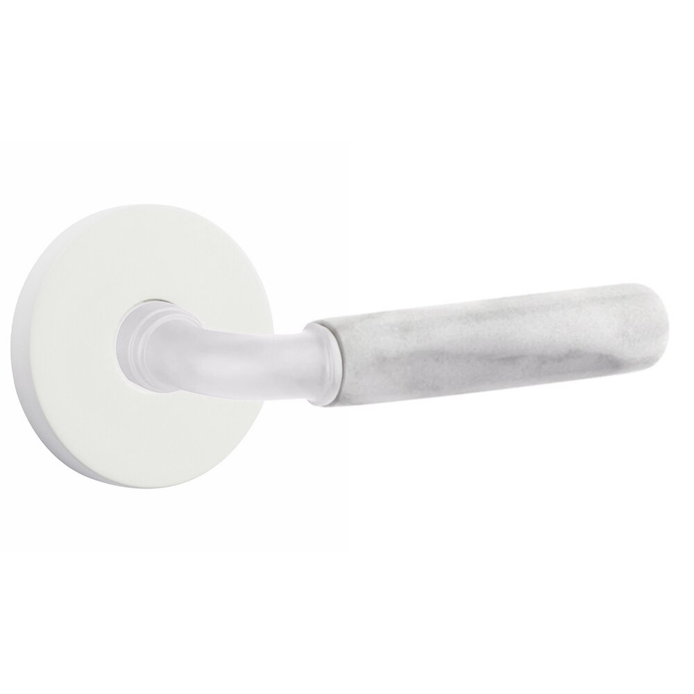 Passage White Marble Right Handed Lever with R-Bar Stem and Disk Rose in Matte White