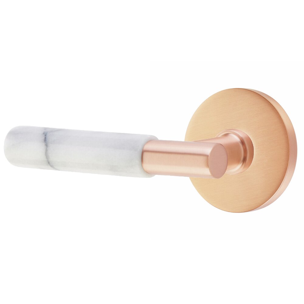 Passage White Marble Left Handed Lever With T-Bar Stem And Concealed Screw Disk Rose In Satin Rose Gold