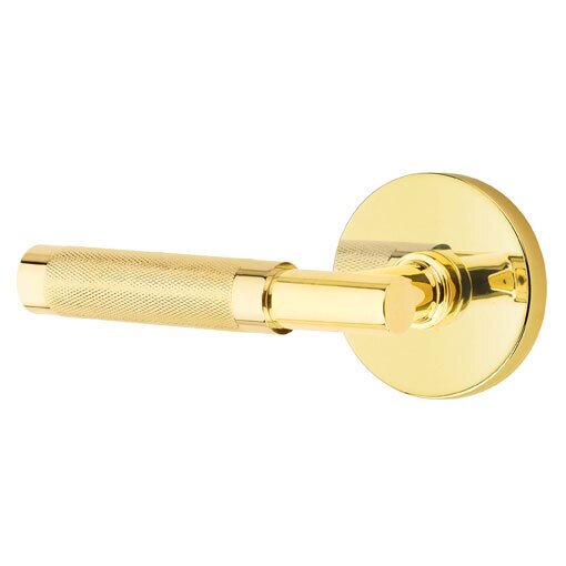 Passage Knurled Left Handed Lever with T-Bar Stem and Disc Rose in Unlacquered Brass
