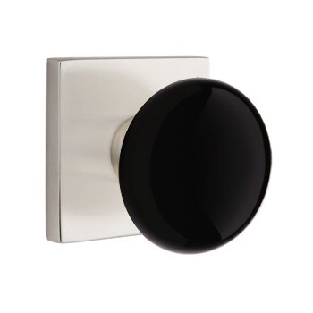 Passage Ebony Porcelain Knob With Modern Square Rosette in Satin Nickel