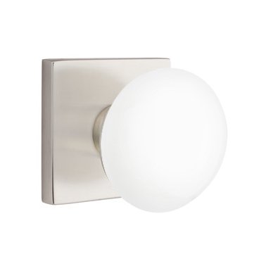 Passage Ice White Knob And Modern Square Rosette With Concealed Screws in Satin Nickel
