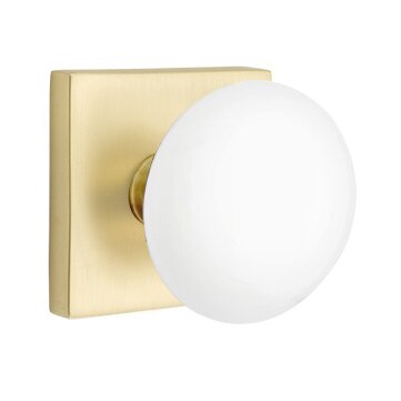 Passage Ice White Porcelain Knob With Modern Square Rosette in Satin Brass