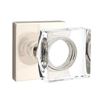 Modern Square Glass Passage Door Knob and Square Rose with Concealed Screws in Polished Nickel