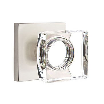 Modern Square Glass Passage Door Knob and Square Rose with Concealed Screws in Satin Nickel