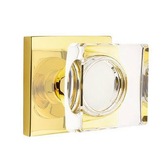 Modern Square Glass Passage Door Knob and Square Rose with Concealed Screws in Unlacquered Brass