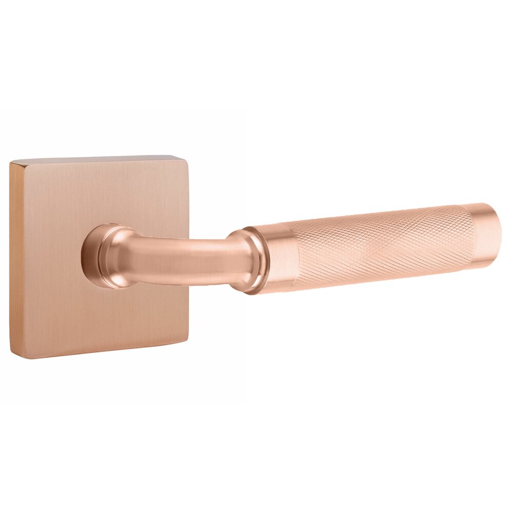 Passage Knurled Right Handed Lever with R-Bar Stem and Square Rose in Satin Rose Gold