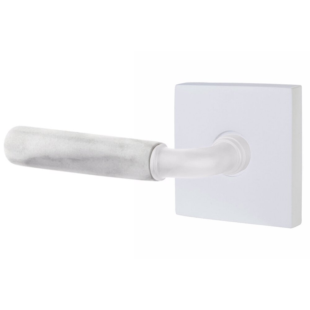 Passage White Marble Left Handed Lever with R-Bar Stem and Square Rose in Matte White