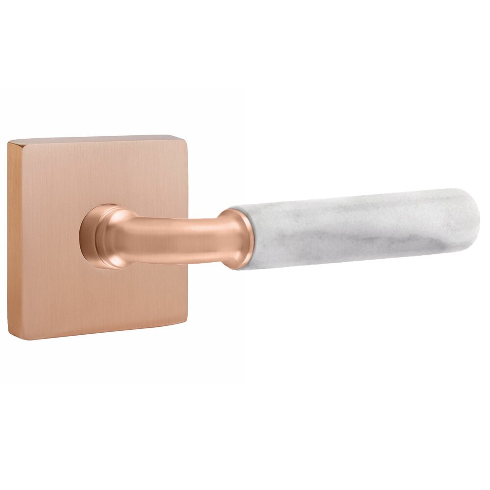 Passage White Marble Right Handed Lever with R-Bar Stem and Square Rose in Satin Rose Gold