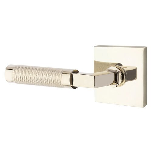 Passage Knurled Left Handed Lever with L-Square Stem and Square Rose in Polished Nickel