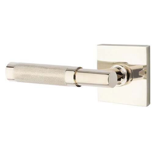 Passage Knurled Left Handed Lever with T-Bar Stem and Square Rose in Polished Nickel