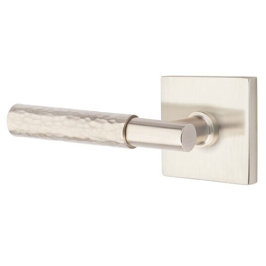 Passage Hammered Left Handed Lever with T-Bar Stem and Square Rose in Satin Nickel