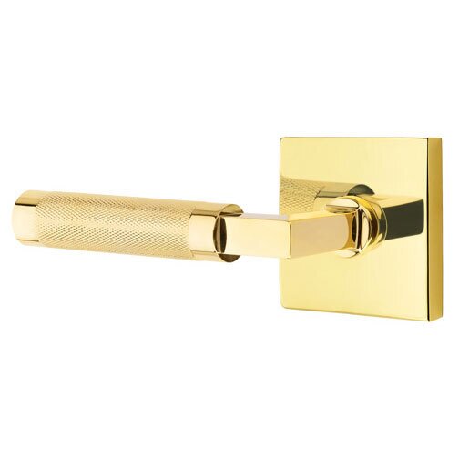 Passage Knurled Left Handed Lever with L-Square Stem and Square Rose in Unlacquered Brass