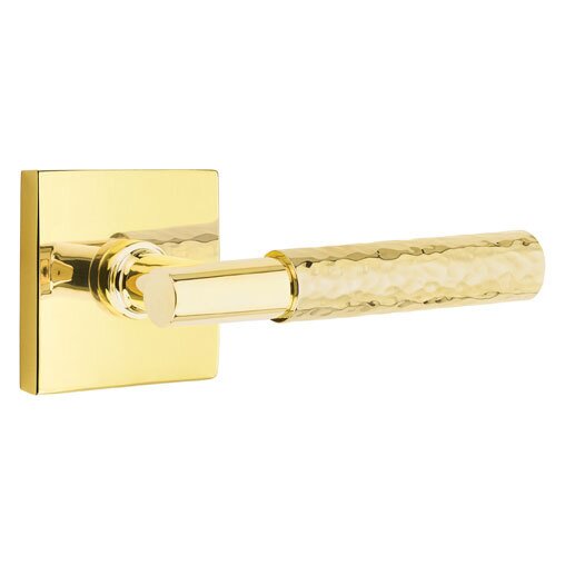 Passage Hammered Right Handed Lever with T-Bar Stem and Square Rose in Unlacquered Brass