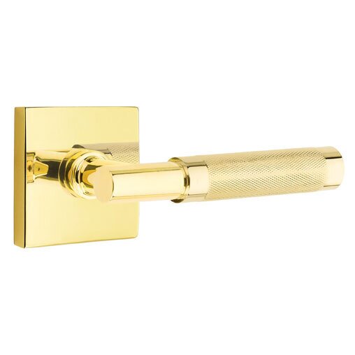 Passage Knurled Right Handed Lever with T-Bar Stem and Square Rose in Unlacquered Brass