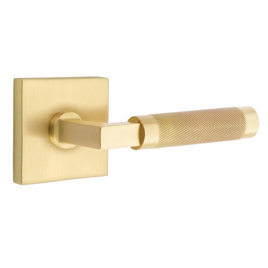 Passage Knurled Right Handed Lever with L-Square Stem and Square Rose in Satin Brass