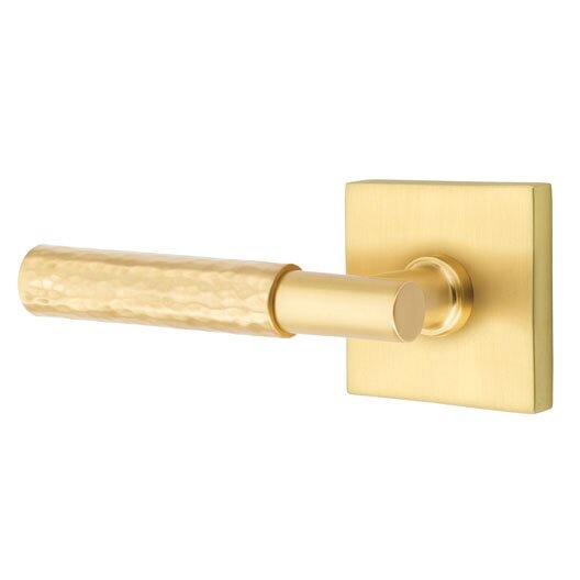 Passage Hammered Left Handed Lever with T-Bar Stem and Square Rose in Satin Brass