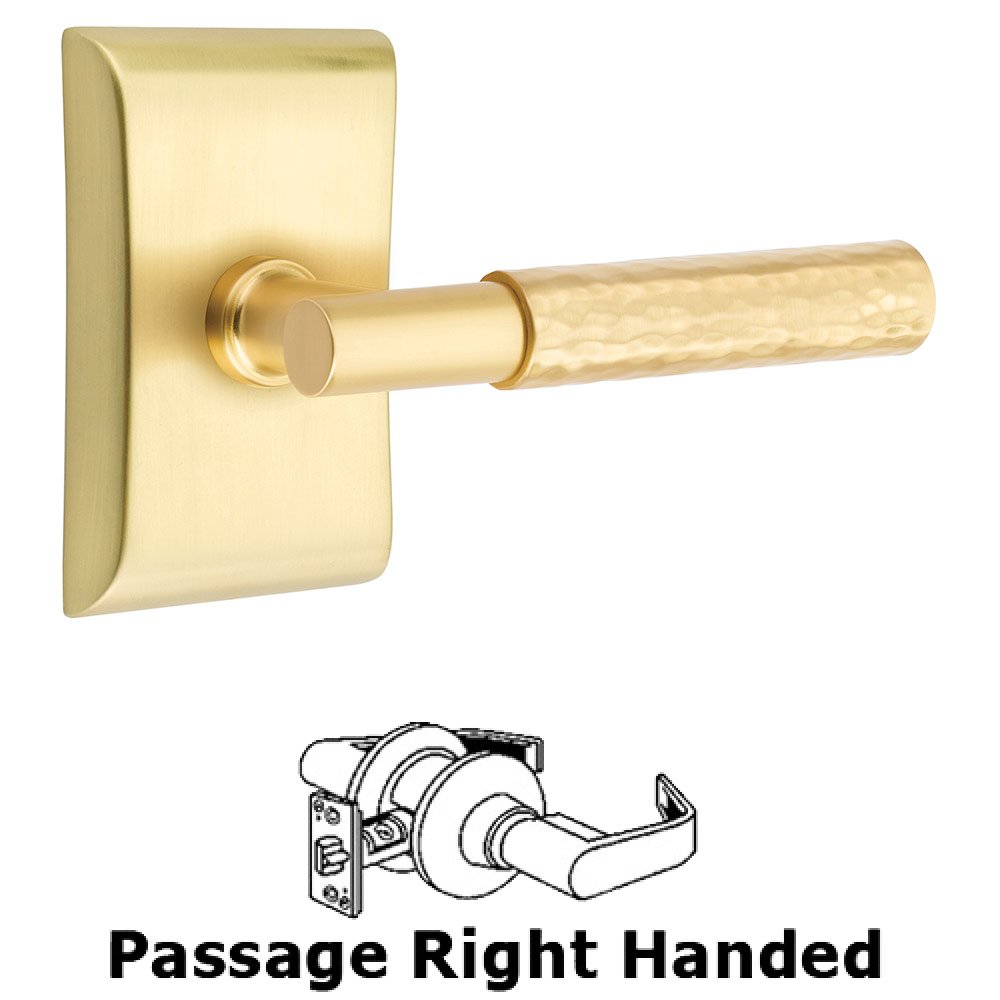 Passage Hammered Right Handed Lever with T-Bar Stem and Neos Rose in Satin Brass