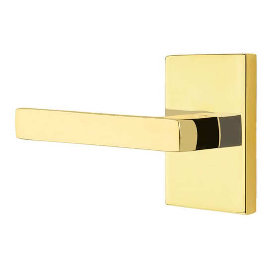 Passage Dumont Left Handed Lever with Modern Rectangular Rose and Concealed Screws in Unlacquered Brass