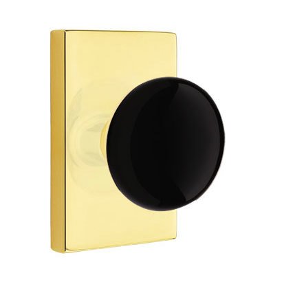 Passage Ebony Knob And Modern Rectangular Rosette With Concealed Screws in Unlacquered Brass