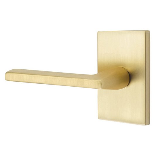 Passage Helios Left Handed Door Lever And Modern Rectangular Rose with Concealed Screws in Satin Brass
