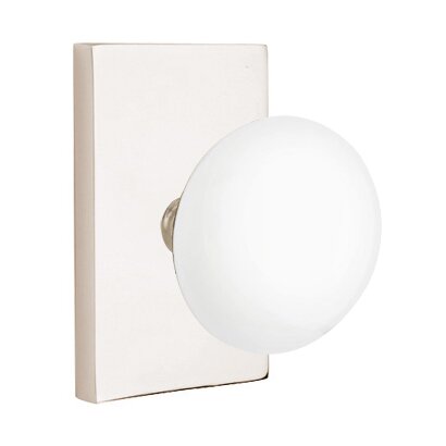 Passage Ice White Porcelain Knob With Modern Rectangular Rosette in Polished Nickel