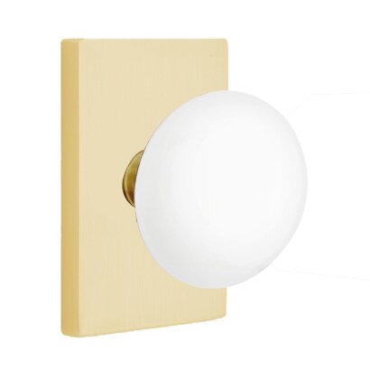 Passage Ice White Knob And Modern Rectangular Rosette With Concealed Screws in Satin Brass