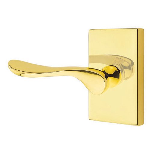 Passage Luzern Left Handed Door Lever And Modern Rectangular Rose with Concealed Screws in Unlacquered Brass