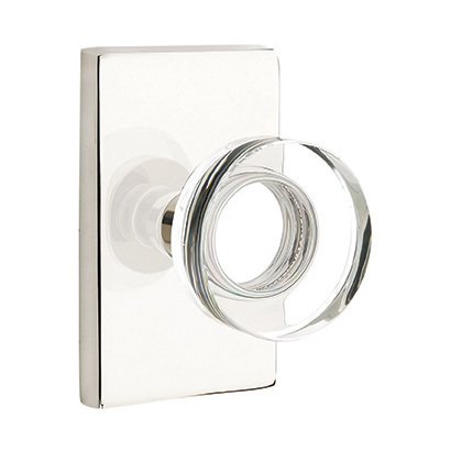 Modern Disc Glass Passage Door Knob and Modern Rectangular Rose with Concealed Screws in Polished Nickel