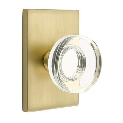 Modern Disc Glass Passage Door Knob and Modern Rectangular Rose with Concealed Screws in Satin Brass