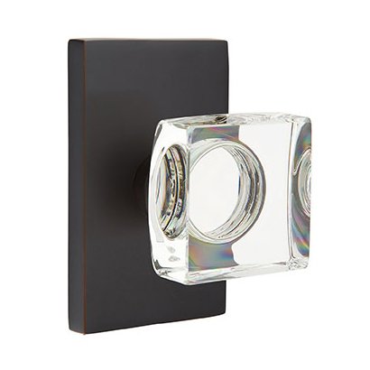 Modern Square Glass Passage Door Knob and Modern Rectangular Rose with Concealed Screws in Oil Rubbed Bronze