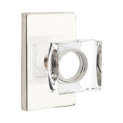 Modern Square Glass Passage Door Knob and Modern Rectangular Rose with Concealed Screws in Polished Nickel