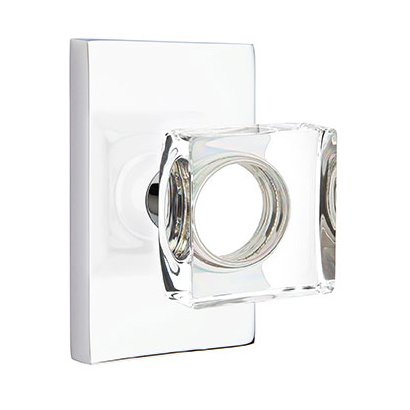 Modern Square Glass Passage Door Knob and Modern Rectangular Rose with Concealed Screws in Polished Chrome