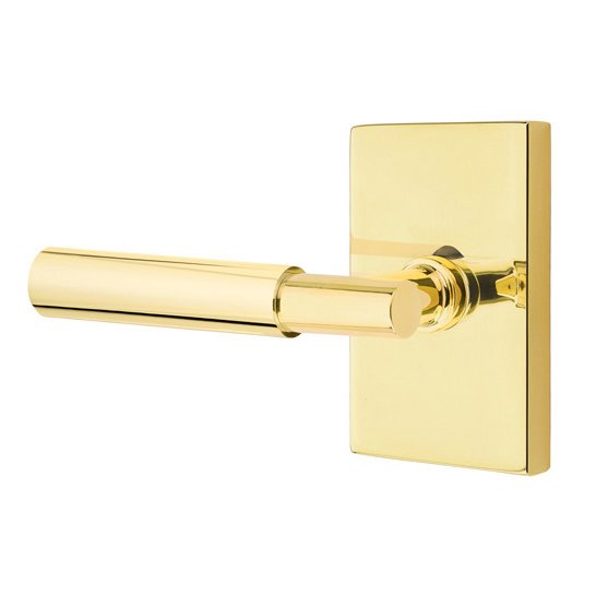 Passage Myles Left Handed Lever with Modern Rectangular Rose in Unlacquered Brass