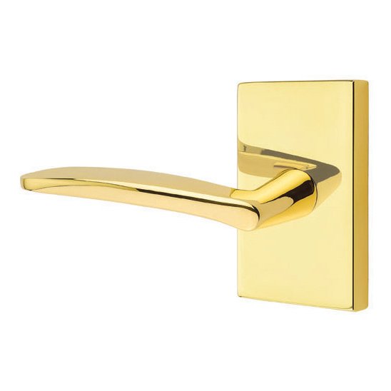 Passage Poseidon Left Handed Door Lever And Modern Rectangular Rose with Concealed Screws in Unlacquered Brass
