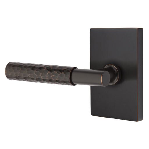 Passage Hammered Left Handed Lever with T-Bar Stem and Modern Rectangular Rose in Oil Rubbed Bronze