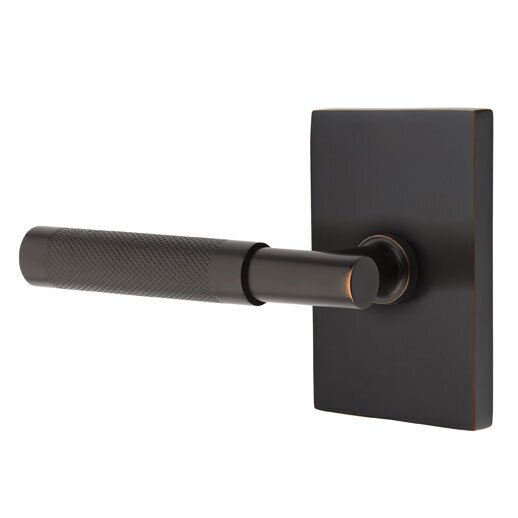Passage Knurled Left Handed Lever with T-Bar Stem and Modern Rectangular Rose in Oil Rubbed Bronze