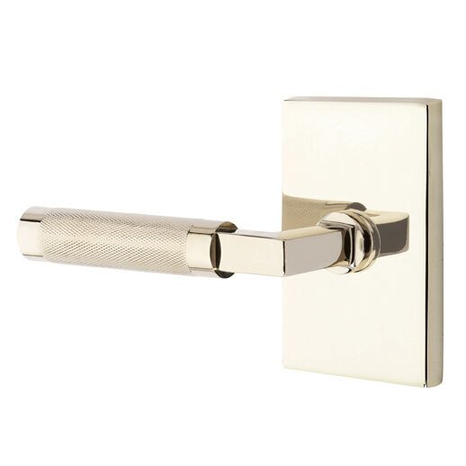 Passage Knurled Left Handed Lever with L-Square Stem and Modern Rectangular Rose in Polished Nickel
