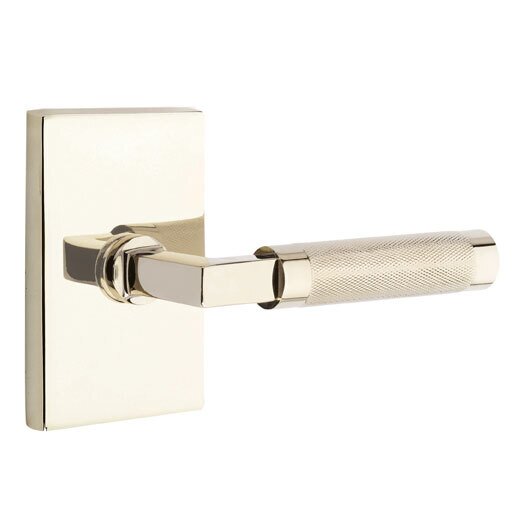Passage Knurled Right Handed Lever with L-Square Stem and Modern Rectangular Rose in Polished Nickel