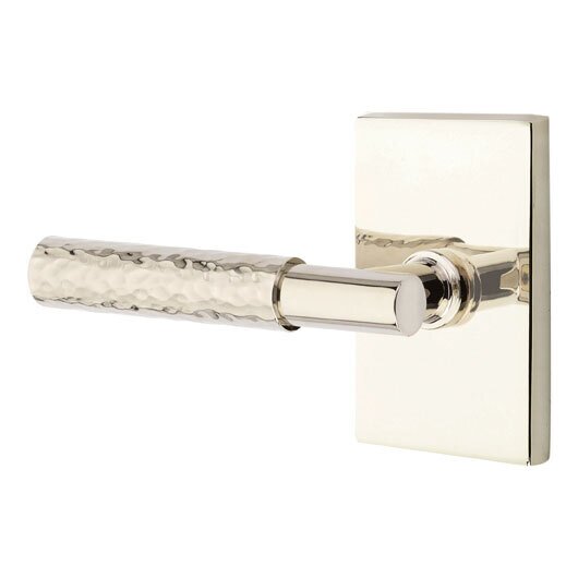 Passage Hammered Left Handed Lever with T-Bar Stem and Modern Rectangular Rose in Polished Nickel