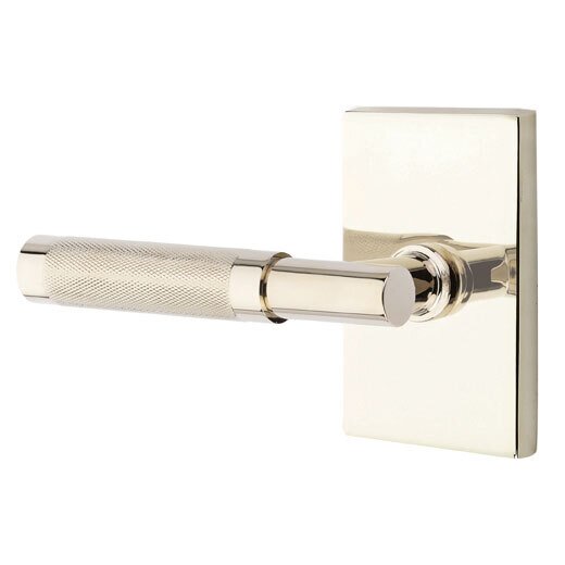 Passage Knurled Left Handed Lever with T-Bar Stem and Modern Rectangular Rose in Polished Nickel
