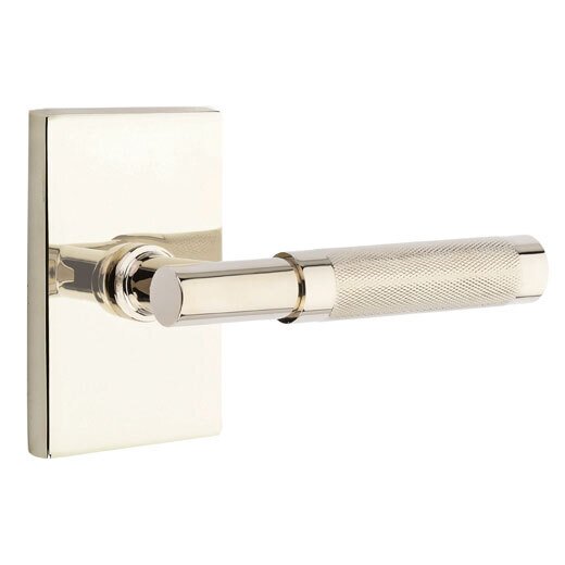 Passage Knurled Right Handed Lever with T-Bar Stem and Modern Rectangular Rose in Polished Nickel