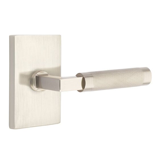 Passage Knurled Right Handed Lever with L-Square Stem and Modern Rectangular Rose in Satin Nickel