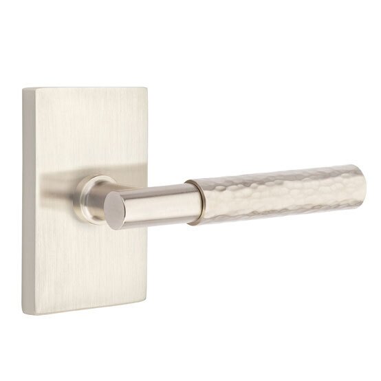 Passage Hammered Right Handed Lever with T-Bar Stem and Modern Rectangular Rose in Satin Nickel