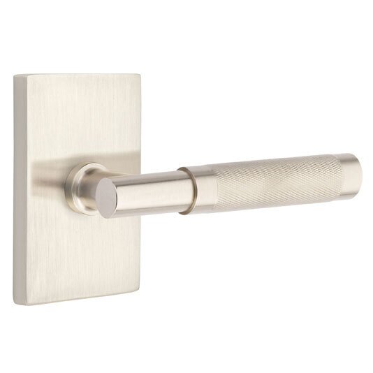 Passage Knurled Right Handed Lever with T-Bar Stem and Modern Rectangular Rose in Satin Nickel