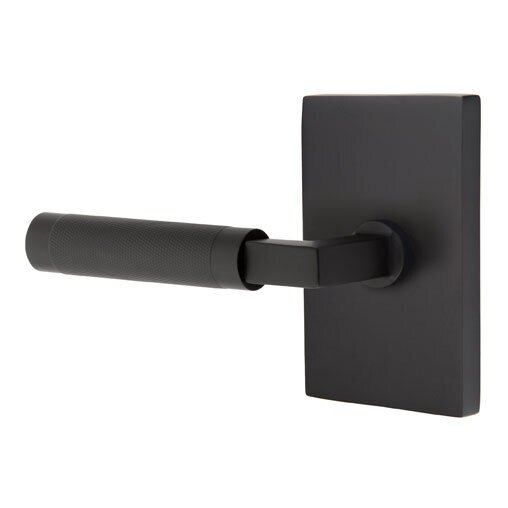 Passage Knurled Left Handed Lever with L-Square Stem and Modern Rectangular Rose in Flat Black