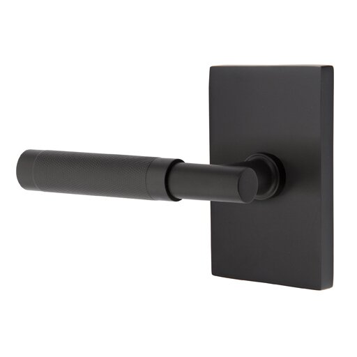 Passage Knurled Left Handed Lever with T-Bar Stem and Modern Rectangular Rose in Flat Black