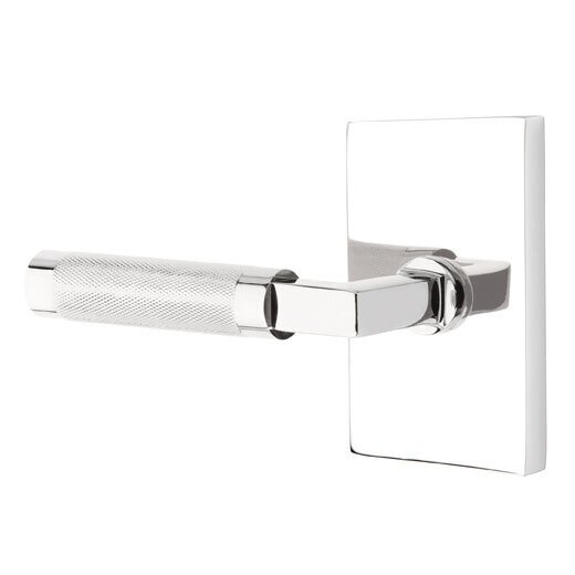 Passage Knurled Left Handed Lever with L-Square Stem and Modern Rectangular Rose in Polished Chrome