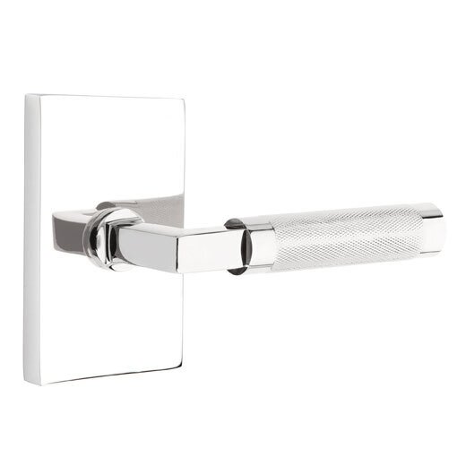 Passage Knurled Right Handed Lever with L-Square Stem and Modern Rectangular Rose in Polished Chrome