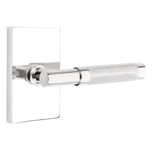 Passage Knurled Right Handed Lever with T-Bar Stem and Modern Rectangular Rose in Polished Chrome